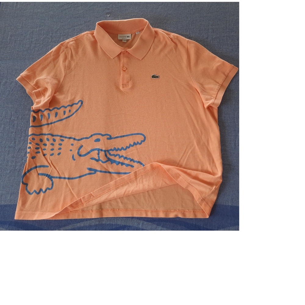 Lacoste Regular Fit Knit Polo Shirt Peach Orange Blue Graphic Logo US 3XL FR 8